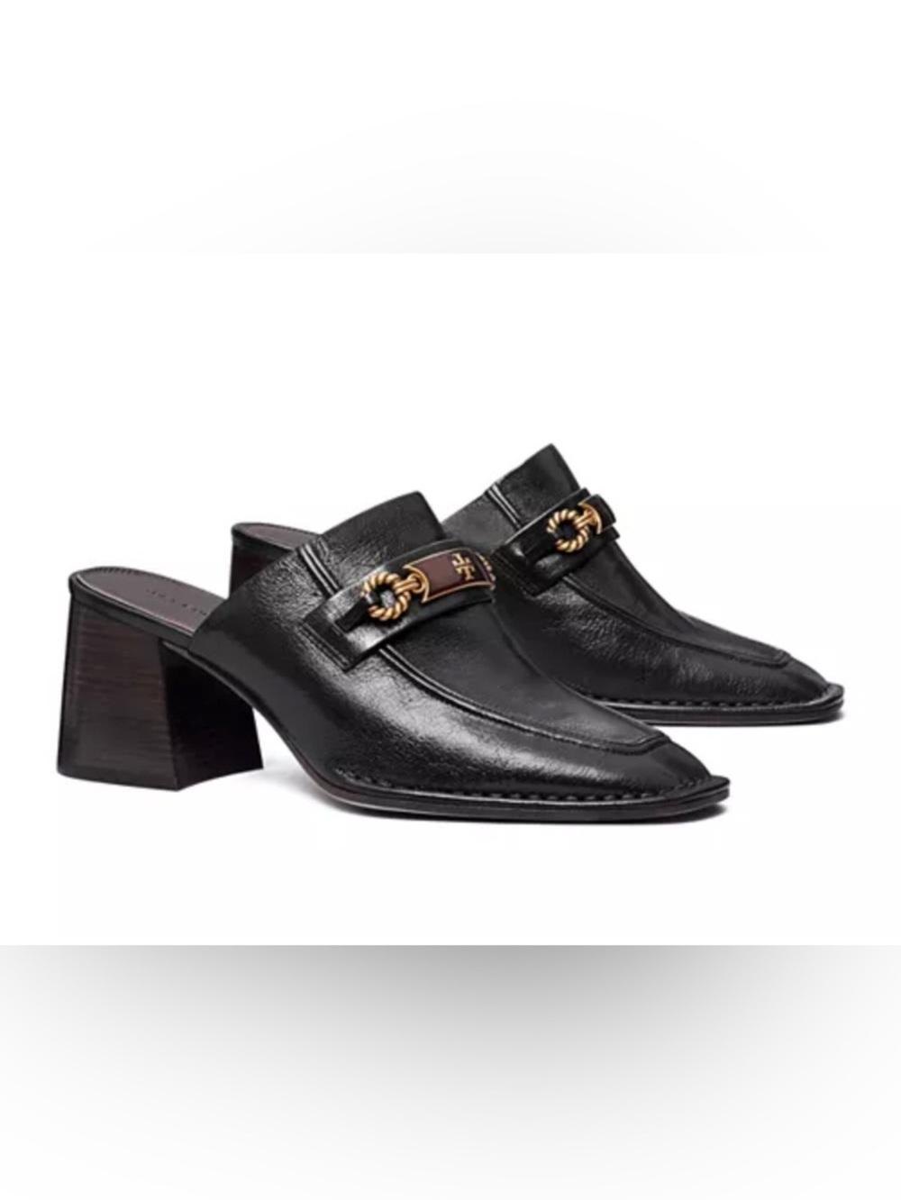 Tory Burch Women's Perrine Mule Pumps Black Leather Block Heel with Gold Accent